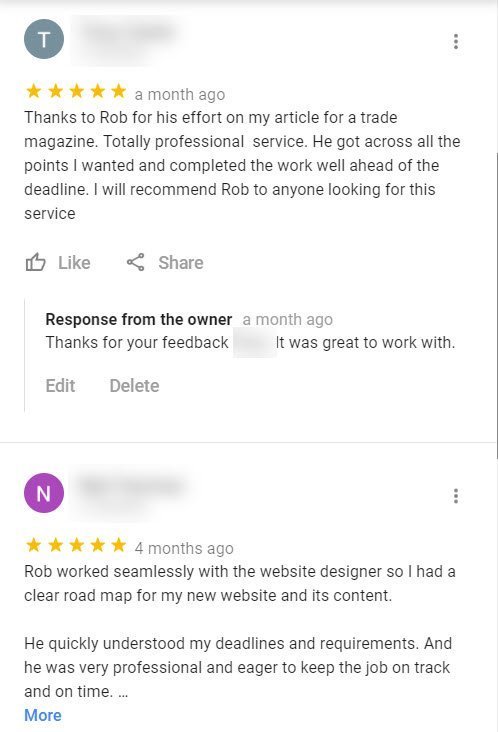 Google Reviews - Rob Beadle Copywriting