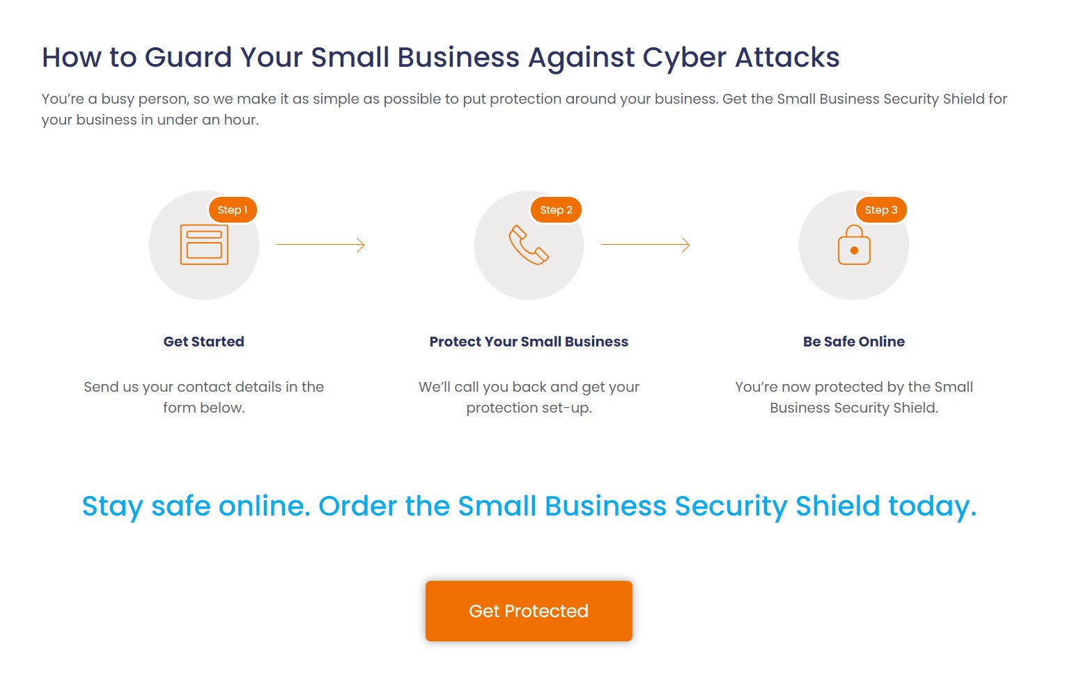 screenshot of small business security shield landing page