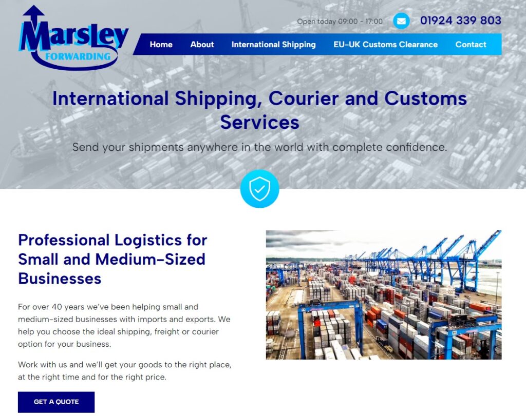 screenshot of shipping, courier and customs company