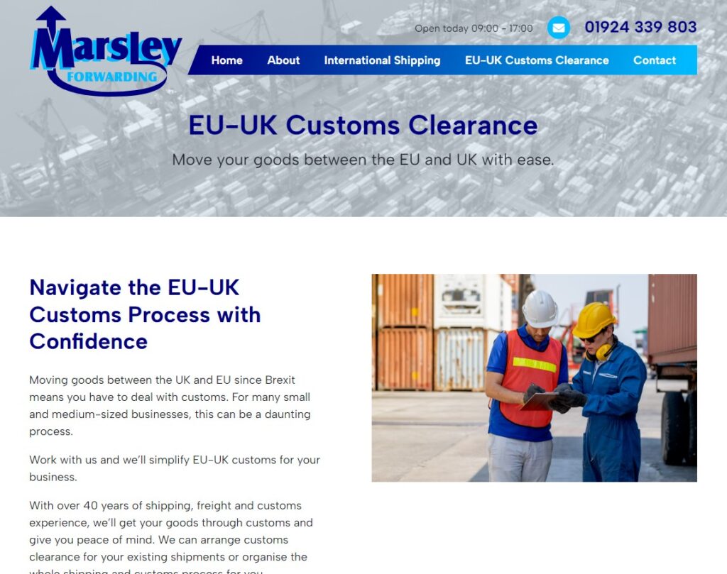 screenshot of website with customs clearance service