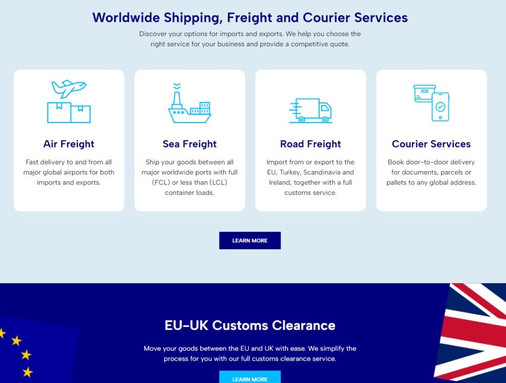 screenshot of shipping, courier and customs company